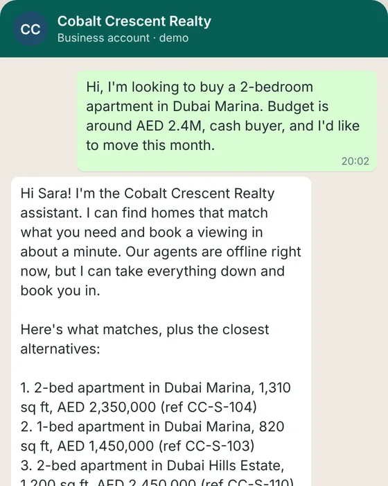 Start of a WhatsApp chat with Cobalt Crescent Realty: a buyer asks for a 2-bedroom apartment in Dubai Marina and the assistant replies with matching homes
